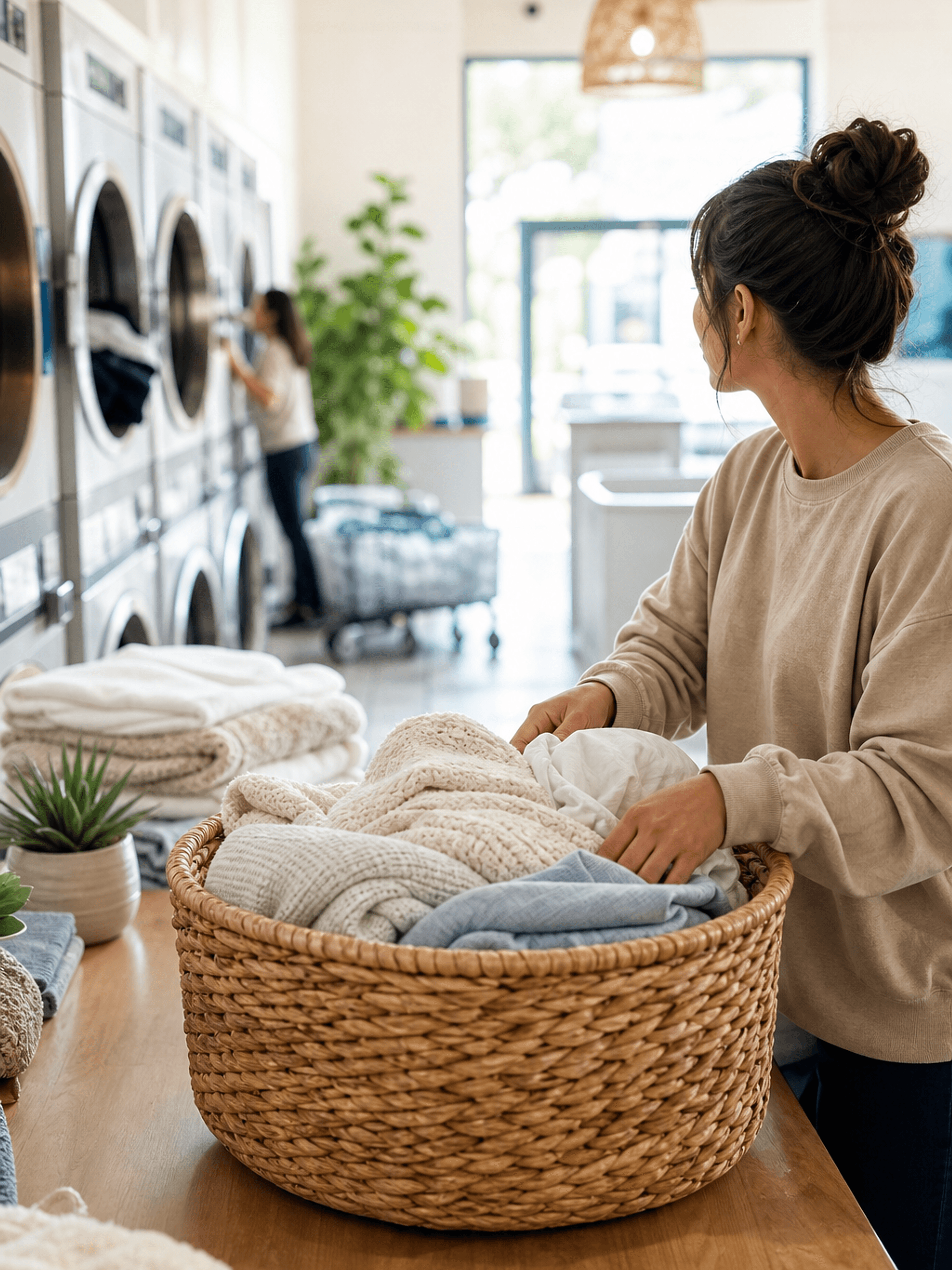 Inside the laundromat, with machines running and space to fold